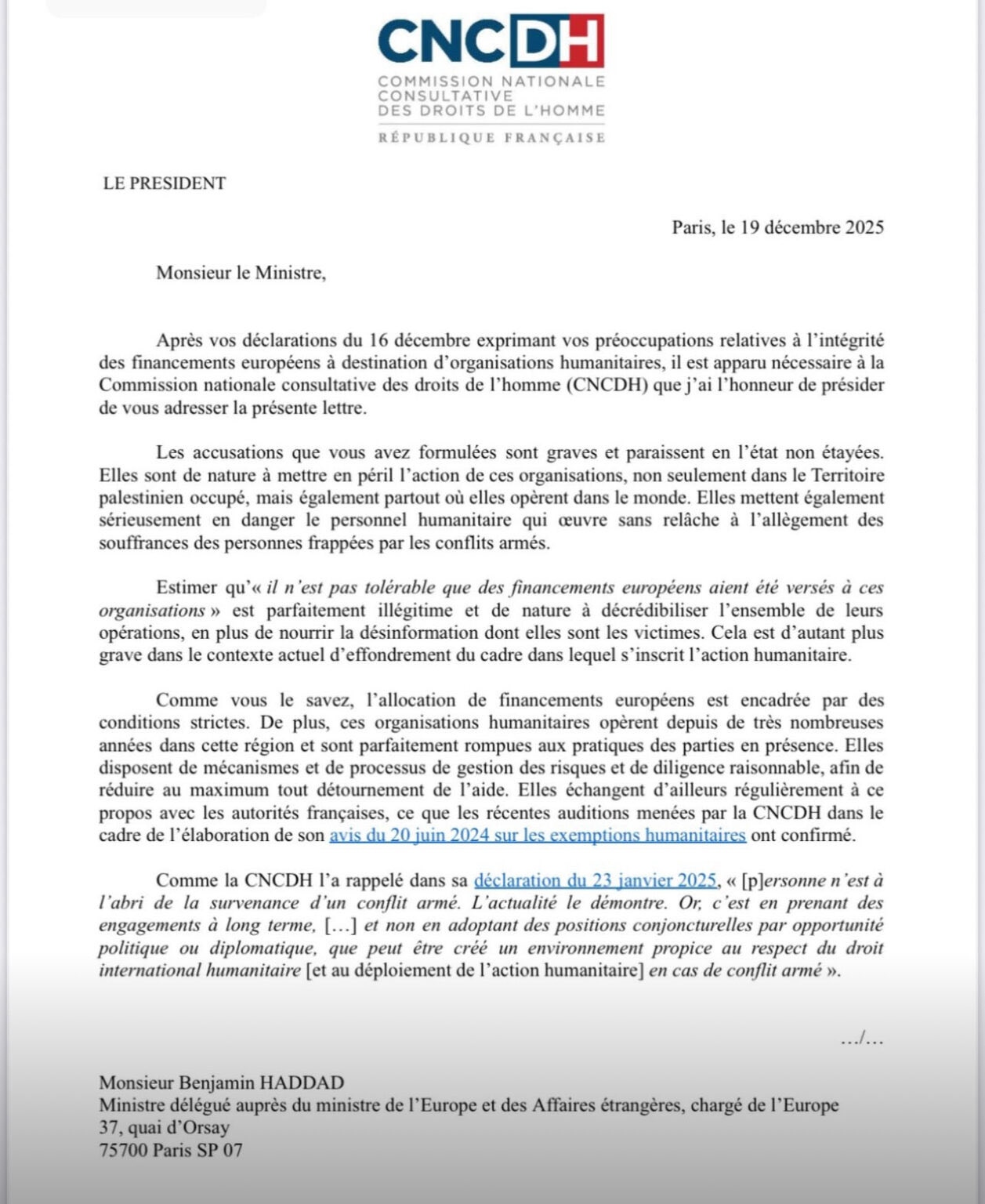 Le ministre sioniste pro-génocide B. Haddad sèchement recadré par la Commission nationale des droits de l’homme