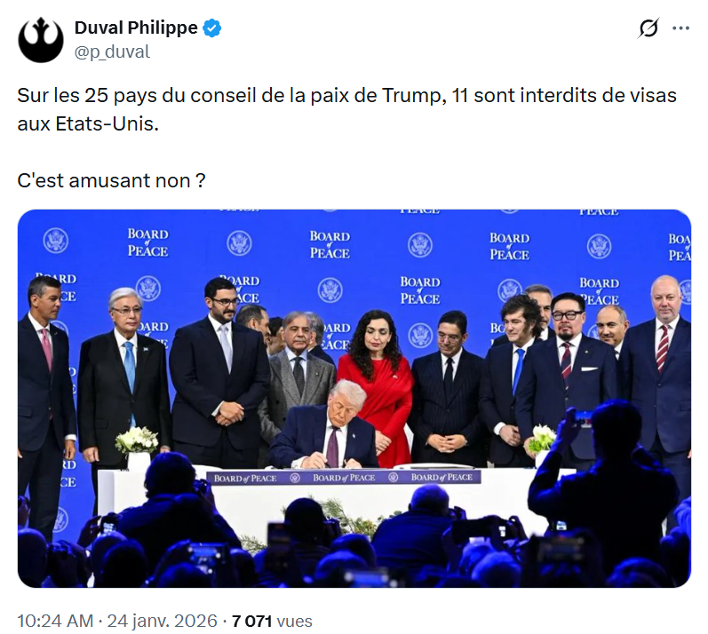 Sur les 25 pays du Conseil de la paix du guignol Trump, 11 sont interdits de visas aux Etats-Unis !