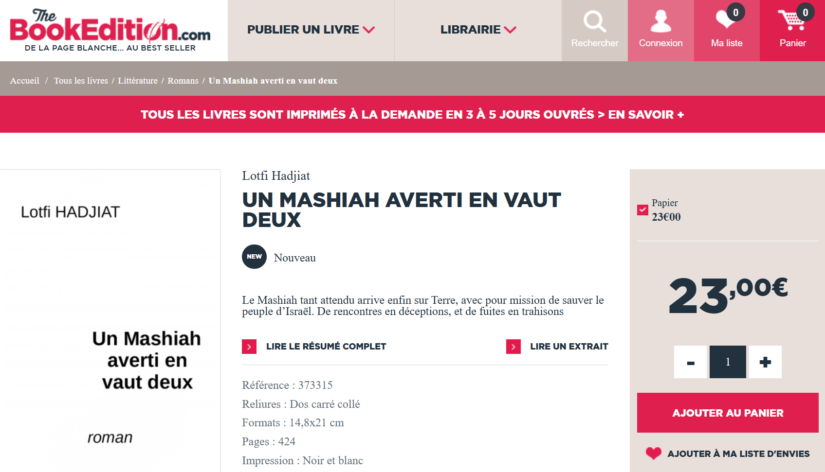 Parution du roman de Lotfi Hadjiat : « Un Mashiah averti en vaut deux »