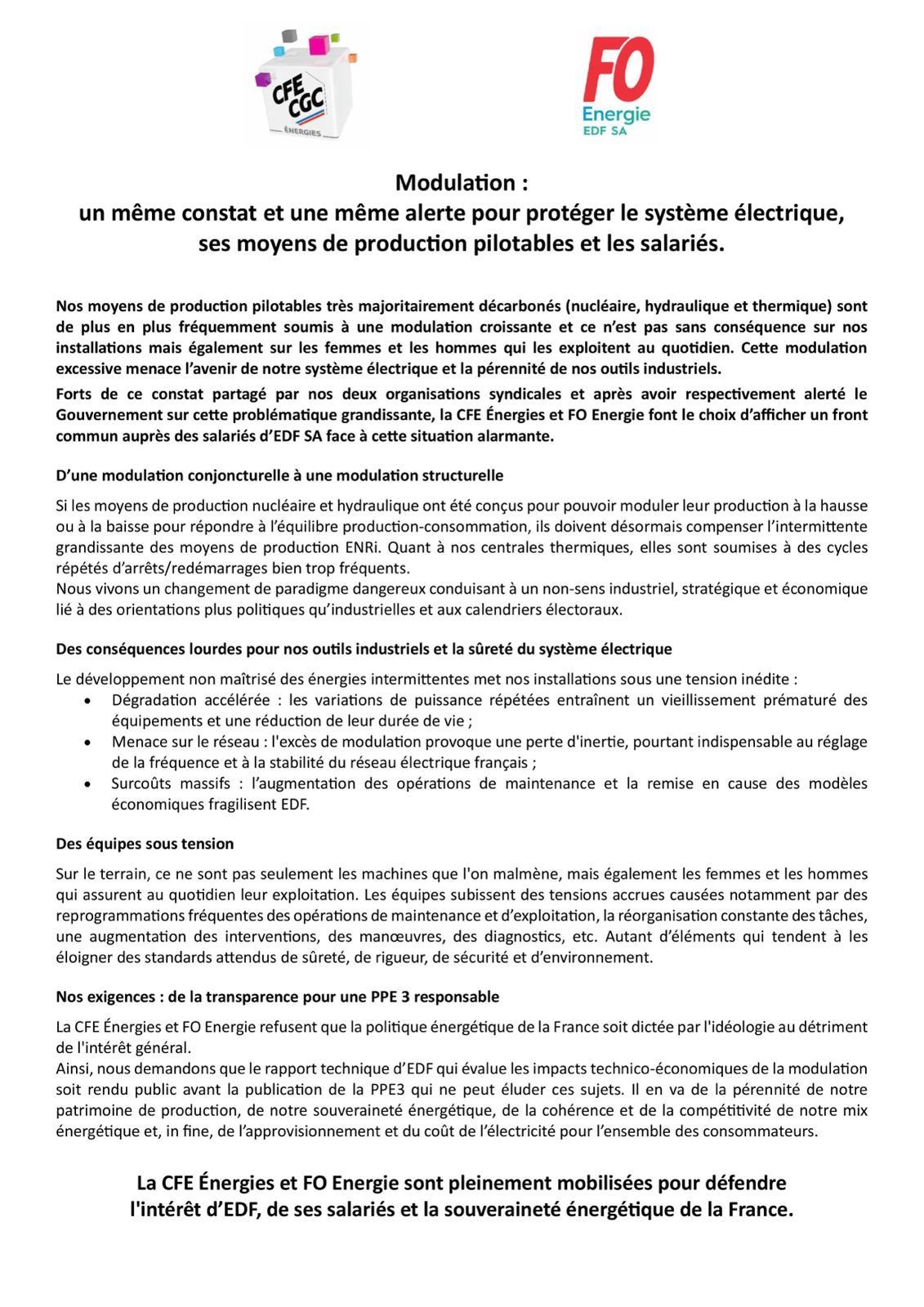 Publication d’une alerte syndicale commune sur le danger de la modulation nucléaire liée aux énergies vertes !