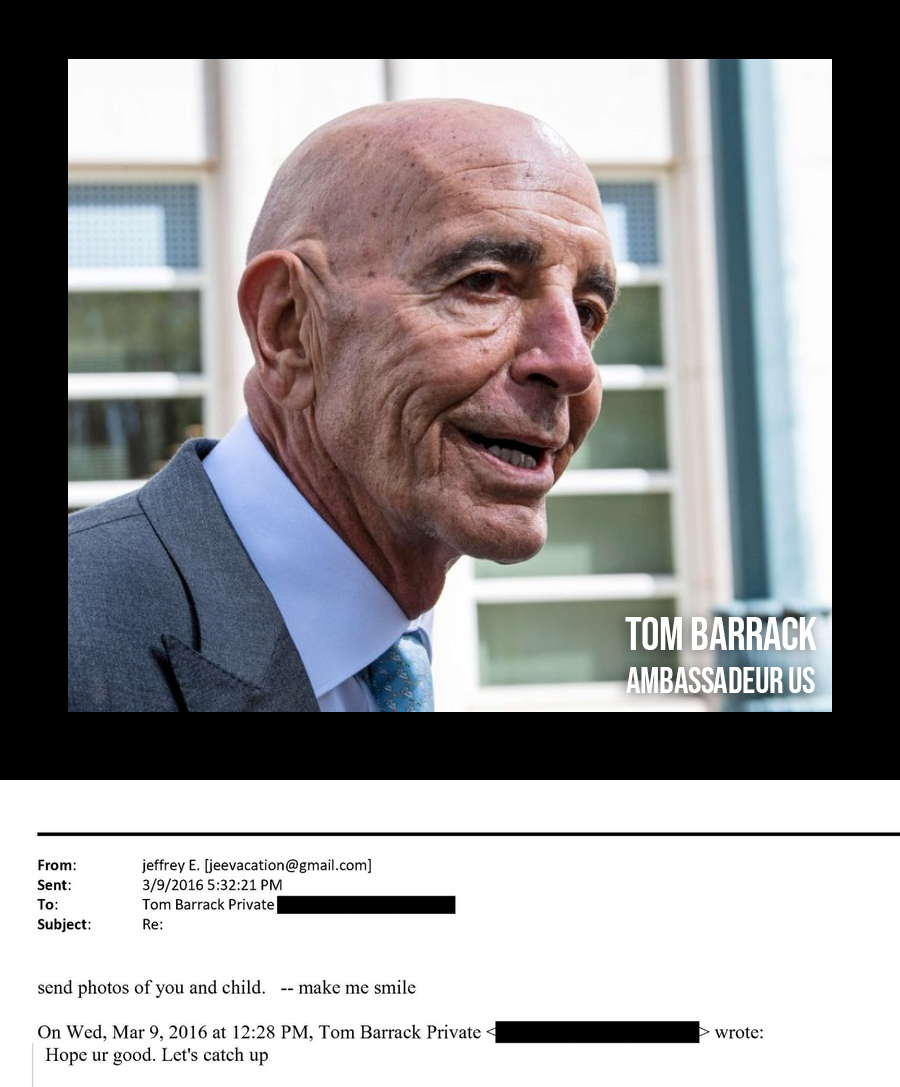 Tom Barrack, ambassadeur US, envoie la photo de son nouveau-né à Epstein pour le faire « sourire » !