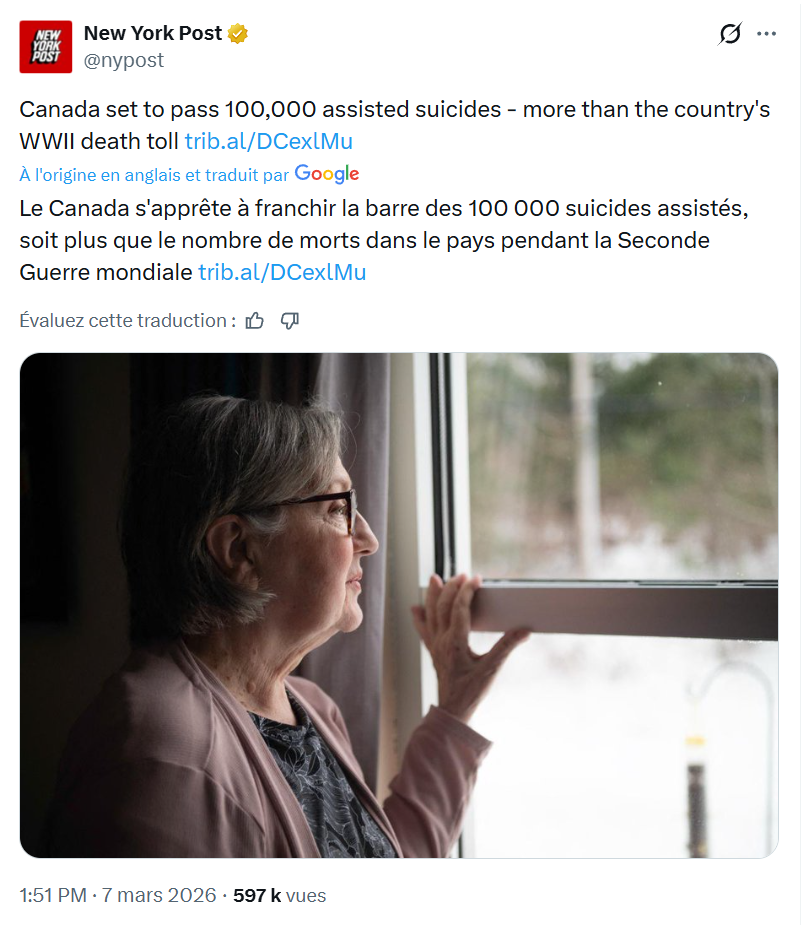 Euthanazie : le Canada s’apprête à franchir la barre des 100 000 suicides assistés en 10 ans !