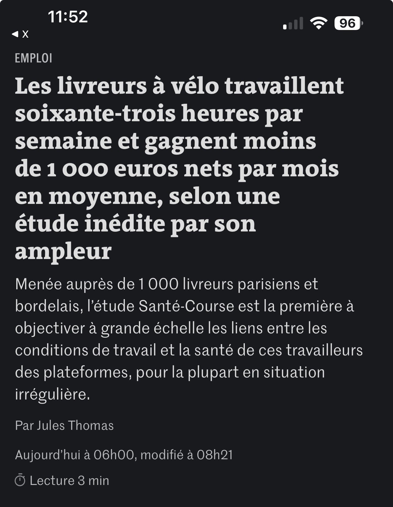 63 heures par semaine pour moins de 1000 euros net par mois pour les livreurs à vélo parisiens