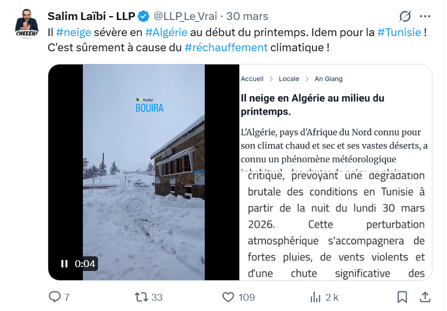 Réchauffement climatique : il neige sévère en Algérie au début du printemps ainsi qu’en Tunisie et en France